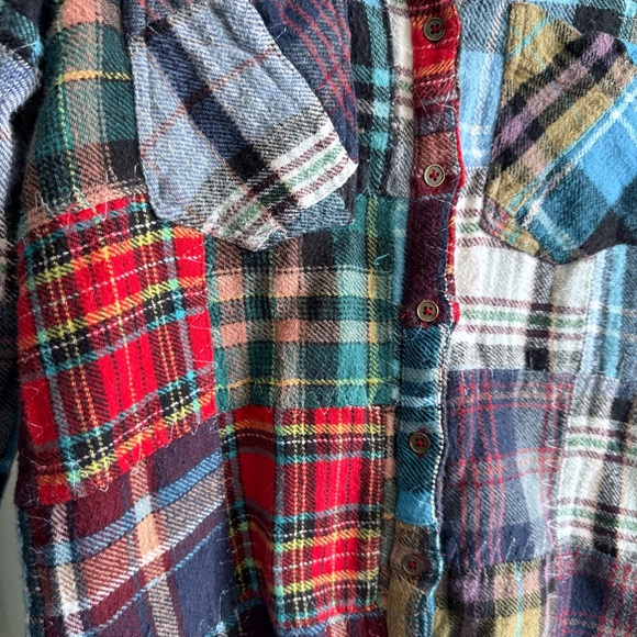 Free People We The Free Patchwork Plaid Flannel XS Crochet Lace Button Down - Picture 3 of 9